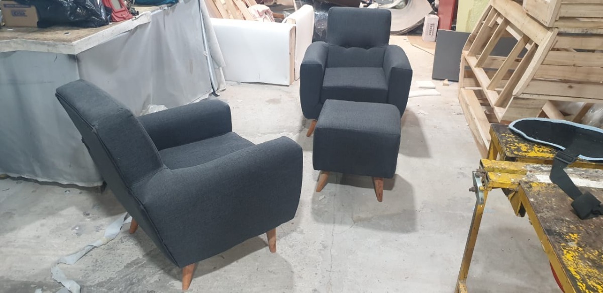 Combo Nórdico Vintage Aron 2 Sillones 1 Cuerpo + 2 Banquetas Lino Antidesgarros