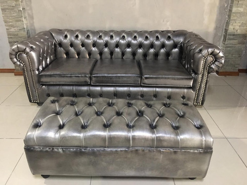 Combo Chesterfield Sillón Sofá 2 Cuerpos + Puff 100 cm Ecocuero
