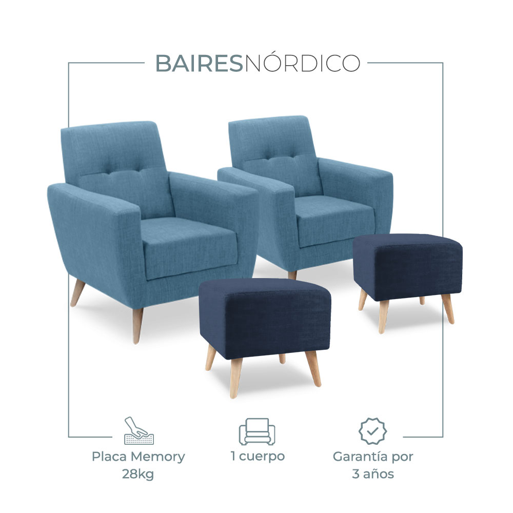 Combo Nórdico Vintage Aron 2 Sillones 1 Cuerpo + 2 Banquetas Lino Antidesgarros