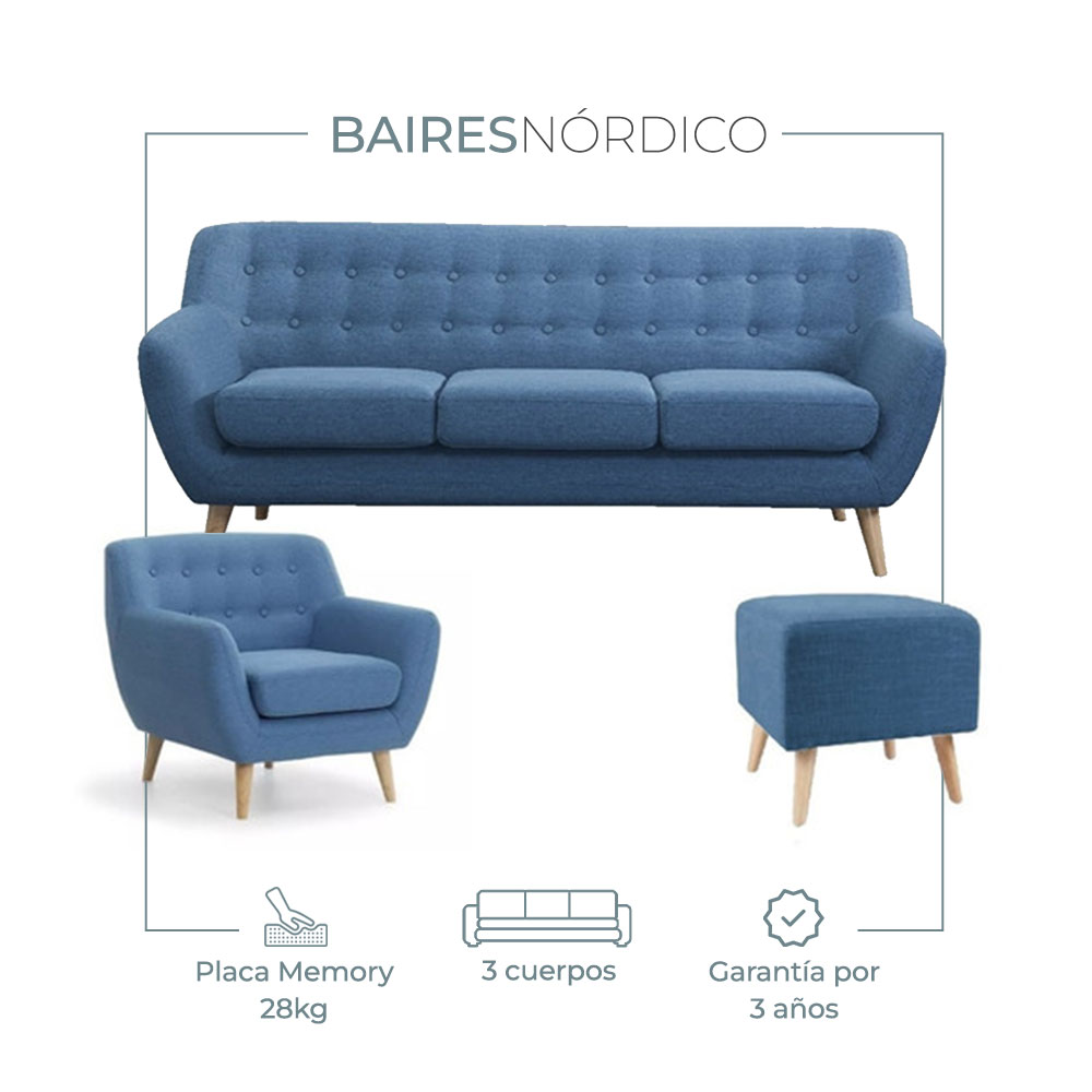 Combo Nórdico Sillón 3 Cuerpos + Sillón 1 Cuerpo + Banqueta Lino Antidesgarros