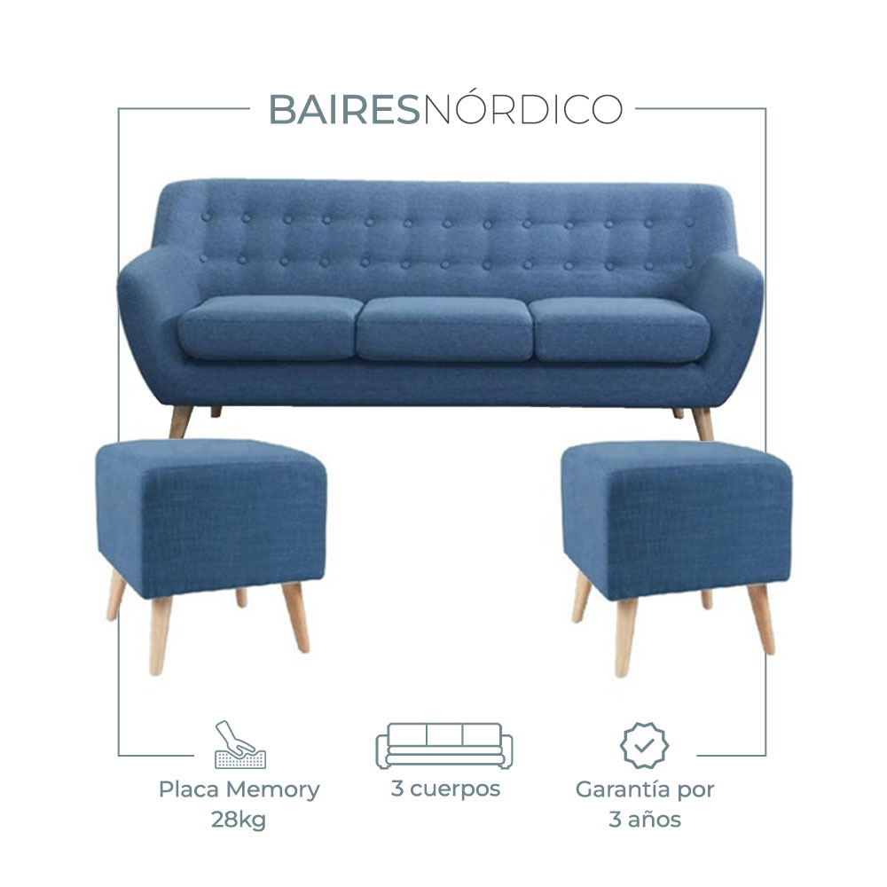 Combo Nórdico Sillón Sofá 3 Cuerpos + 2 Puff lino alpha